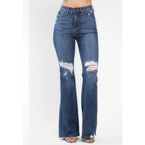 Judy Blue Women’s Flare Jeans Size 7/28 High Waist Tummy Control Distressed - Picture 1 of 10